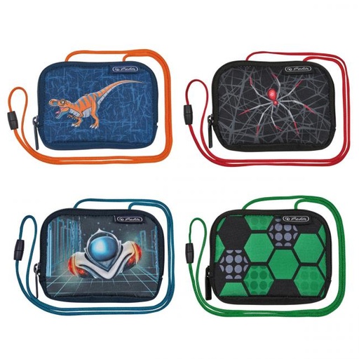 [4002921] Taštička na krk Herlitz 14,5x10,5x2cm mix Futbal Vesmírne auto Pavúk Dinománia